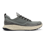Grey and cream athletic shoe with black laces and speckled sole midsole shown in side profile.