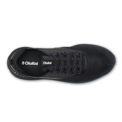 Black OluKai Makiki athletic shoe with lace-up closure, viewed from above.