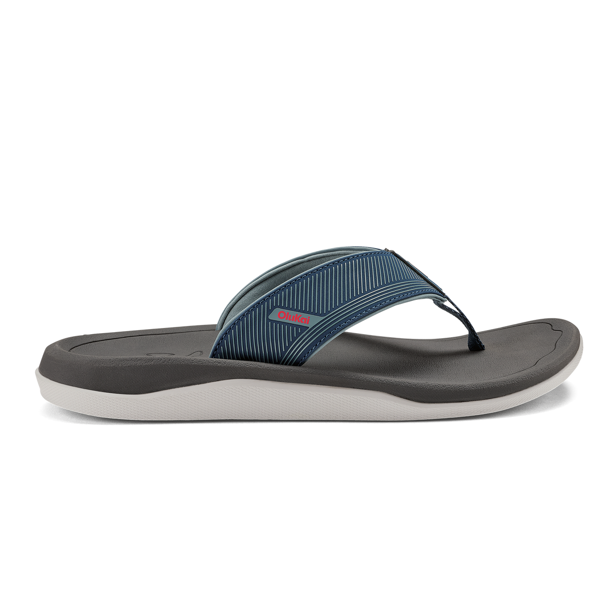 Flip-flop sandal with coastal blue striped upper strap and dark gray footbed with white midsole.