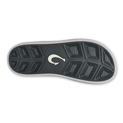 Shoe sole with dark gray tread pattern and white logo, light gray outer edge.