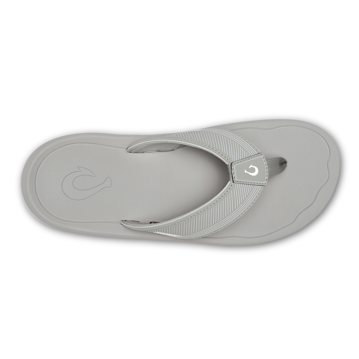 Ash gray flip-flop sandal with textured thong strap and curved footbed, viewed from above.
