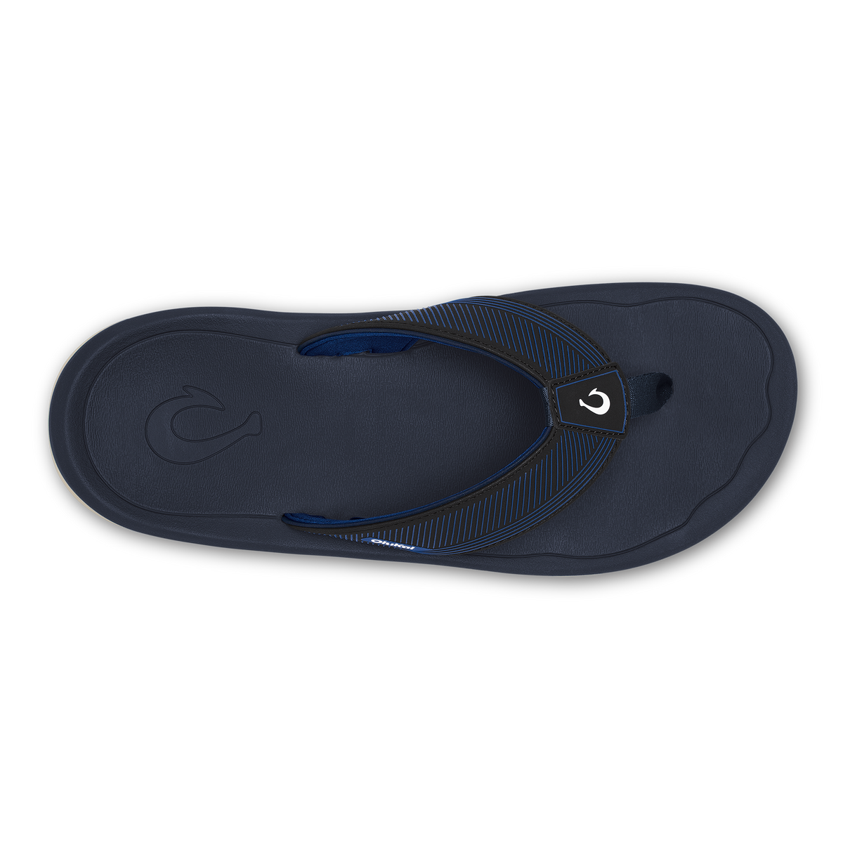 Dark blue thong sandal with striped fabric strap and white logo detail on the heel.