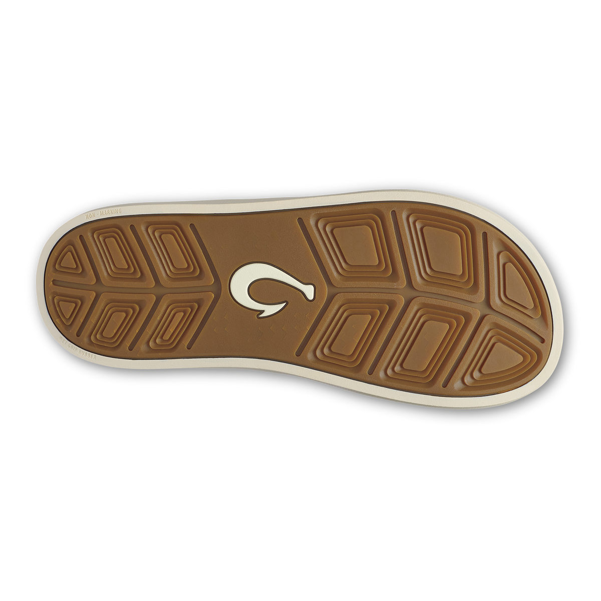 Brown sole with geometric tread pattern and white curved logo in center, cream-colored edge trim.