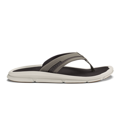 Thong sandal with gray fabric strap, black footbed, and white cushioned sole.
