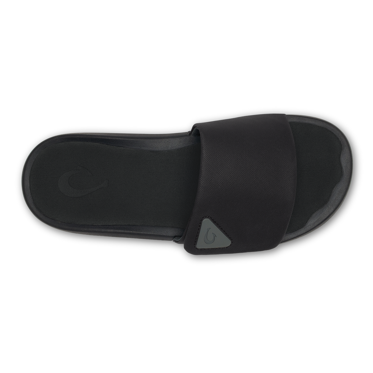 Black slide sandal with rounded toe and elastic band strap across the foot, viewed from above.