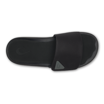 Black slide sandal with rounded toe and elastic band strap across the foot, viewed from above.
