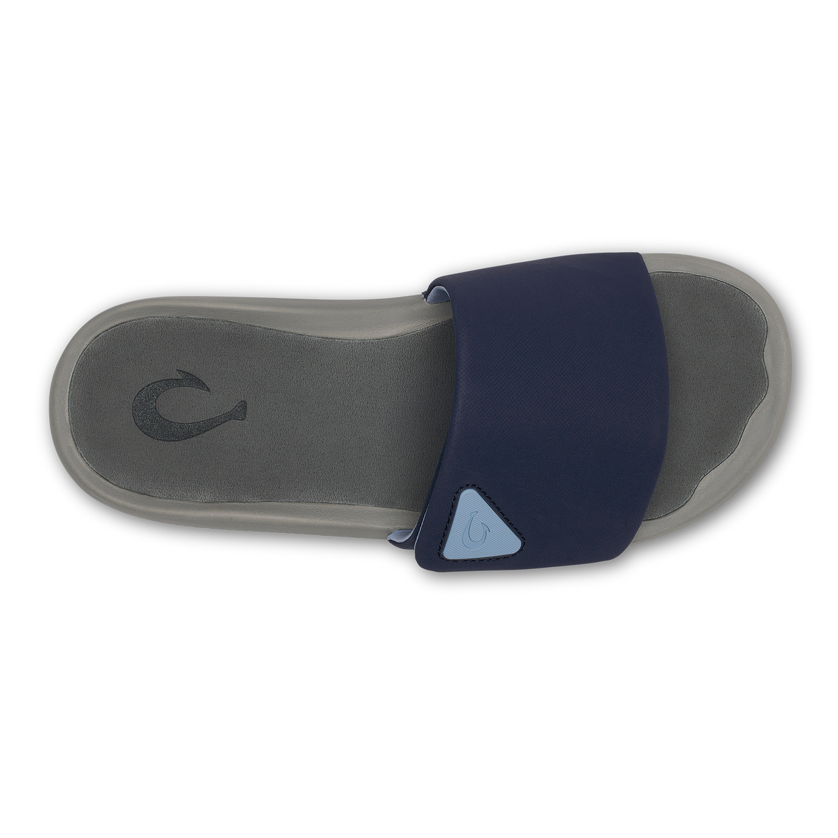 Ulele Slide sandal with blue depth fabric strap and charcoal gray sole, shown from above.