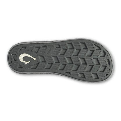 Charcoal slide sole with chevron tread pattern and white logo detail.