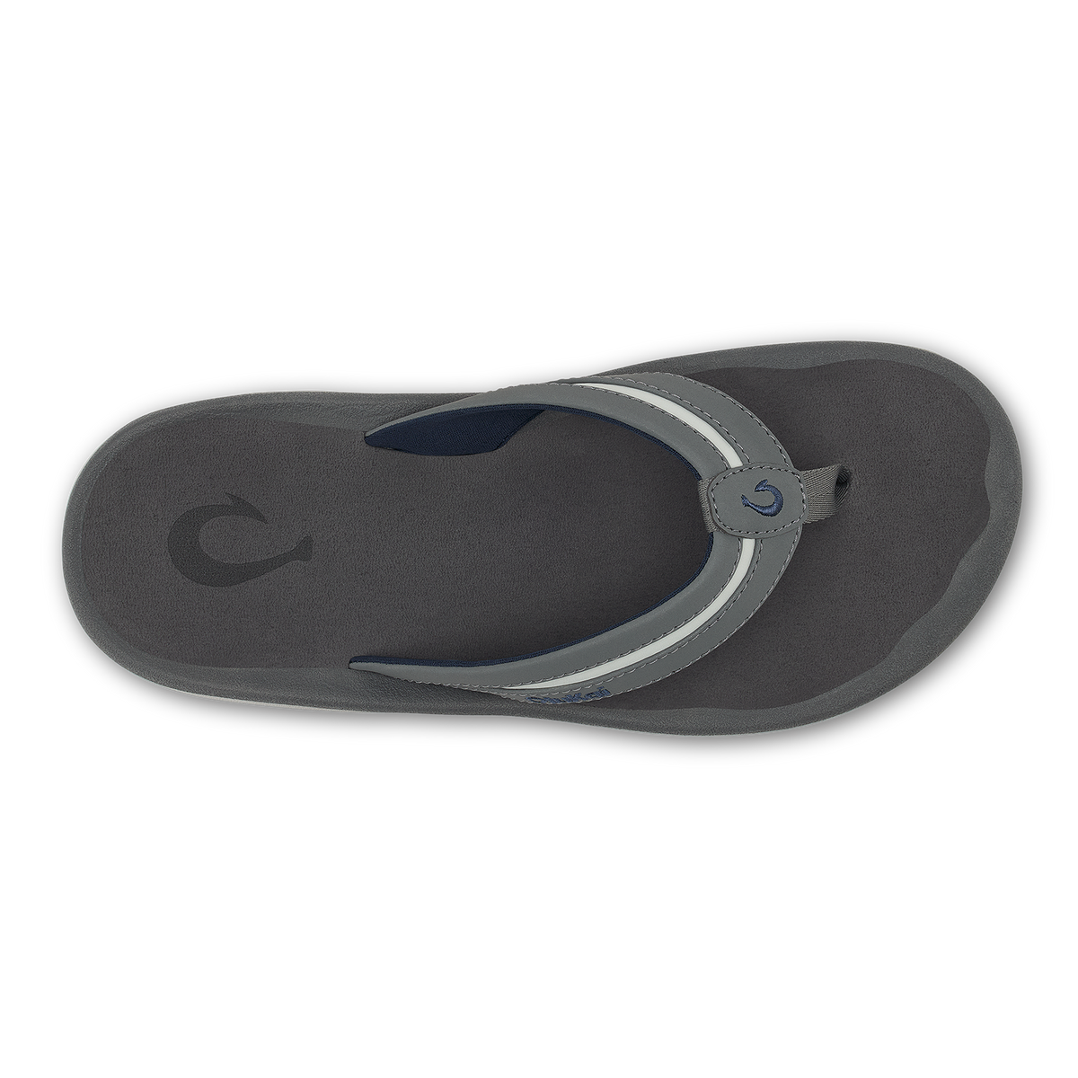 Grey thong sandal with dark navy strap, white trim detail, and adjustable buckle closure, viewed from above.