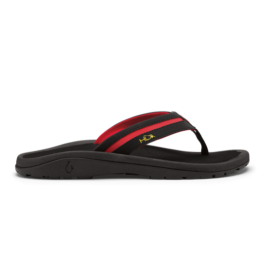 Black flip-flop sandal with red and black striped thong strap and curved black sole.