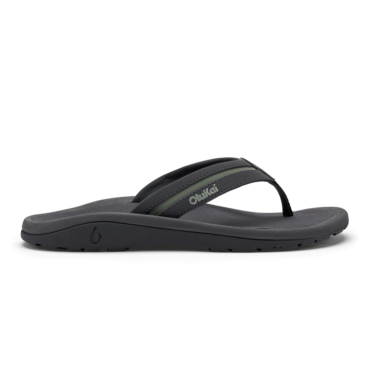 Grey and seagreen thong sandal with contoured footbed and textured sole.