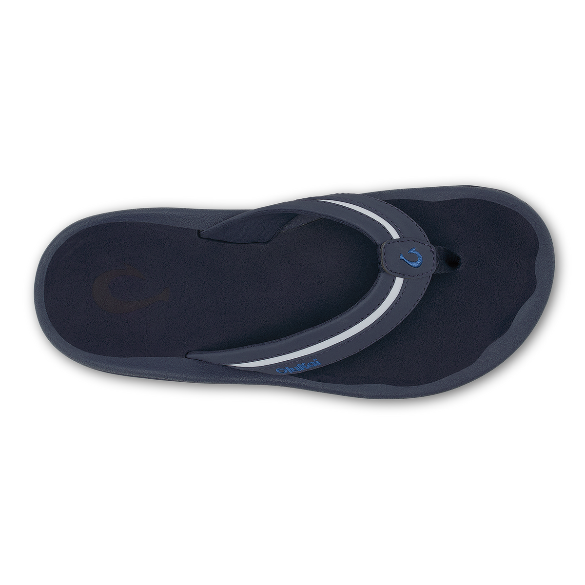Dark navy flip-flop sandal with pale blue strap and white accent trim.