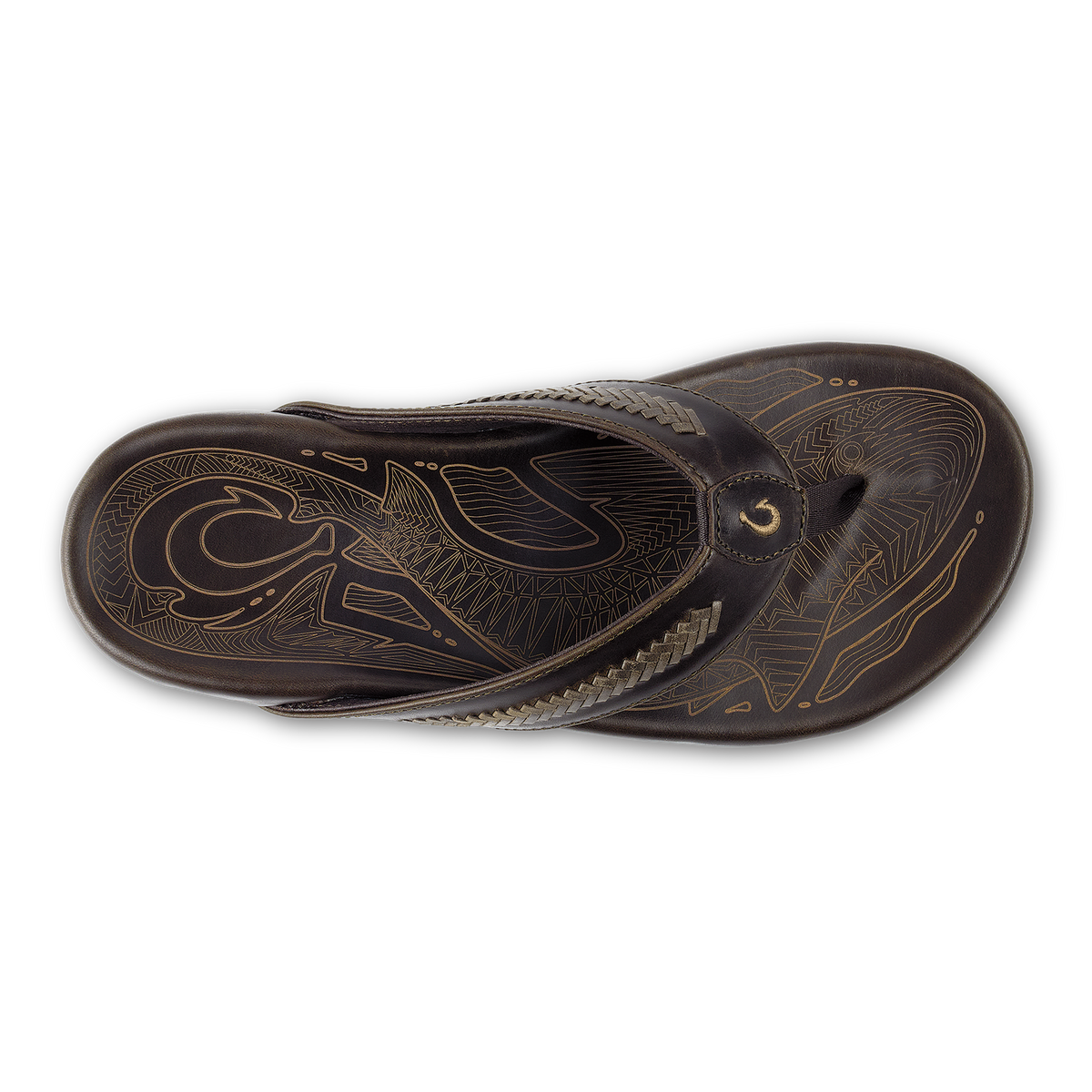 Dark brown leather flip-flop sandal with tan geometric and wave patterns on the sole and upper.