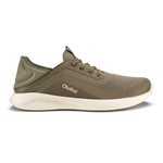 Olive and cream lace-up running shoe with mesh upper and white cushioned sole.