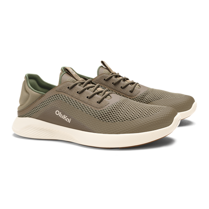 Tan and olive mesh running shoe with white sole and lace-up closure.