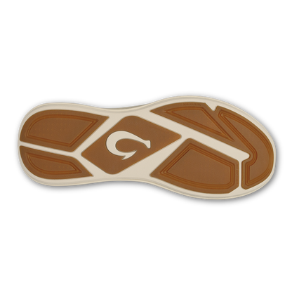 Brown and cream sole with geometric tread pattern and curved center logo detail.