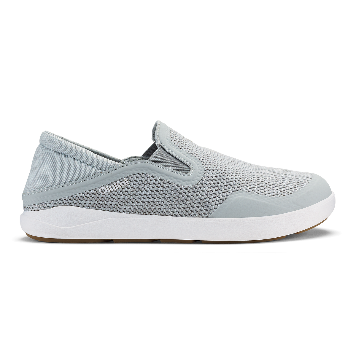 Grey mesh slip-on shoe with white sole and elastic side panels.