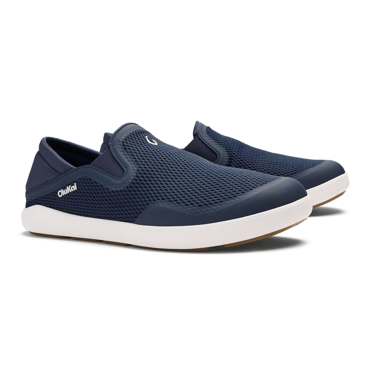 Trench blue mesh slip-on shoe with white sole and dark blue heel counter.