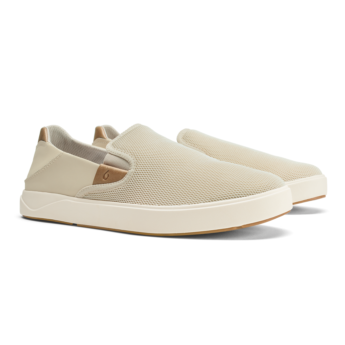 Tan and cream slip-on sneaker with mesh upper, leather heel patch, and white rubber sole.