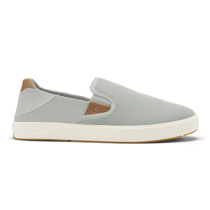 Cloud grey slip-on sneaker with tan heel patch, white midsole, and textured mesh upper.