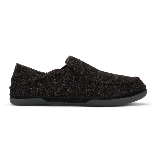 Black knit slip-on slipper with gray sole, shown from the side view.