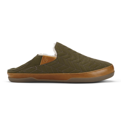 Olive quilted slip-on slipper with tan leather trim and gray sole, shown in profile view.