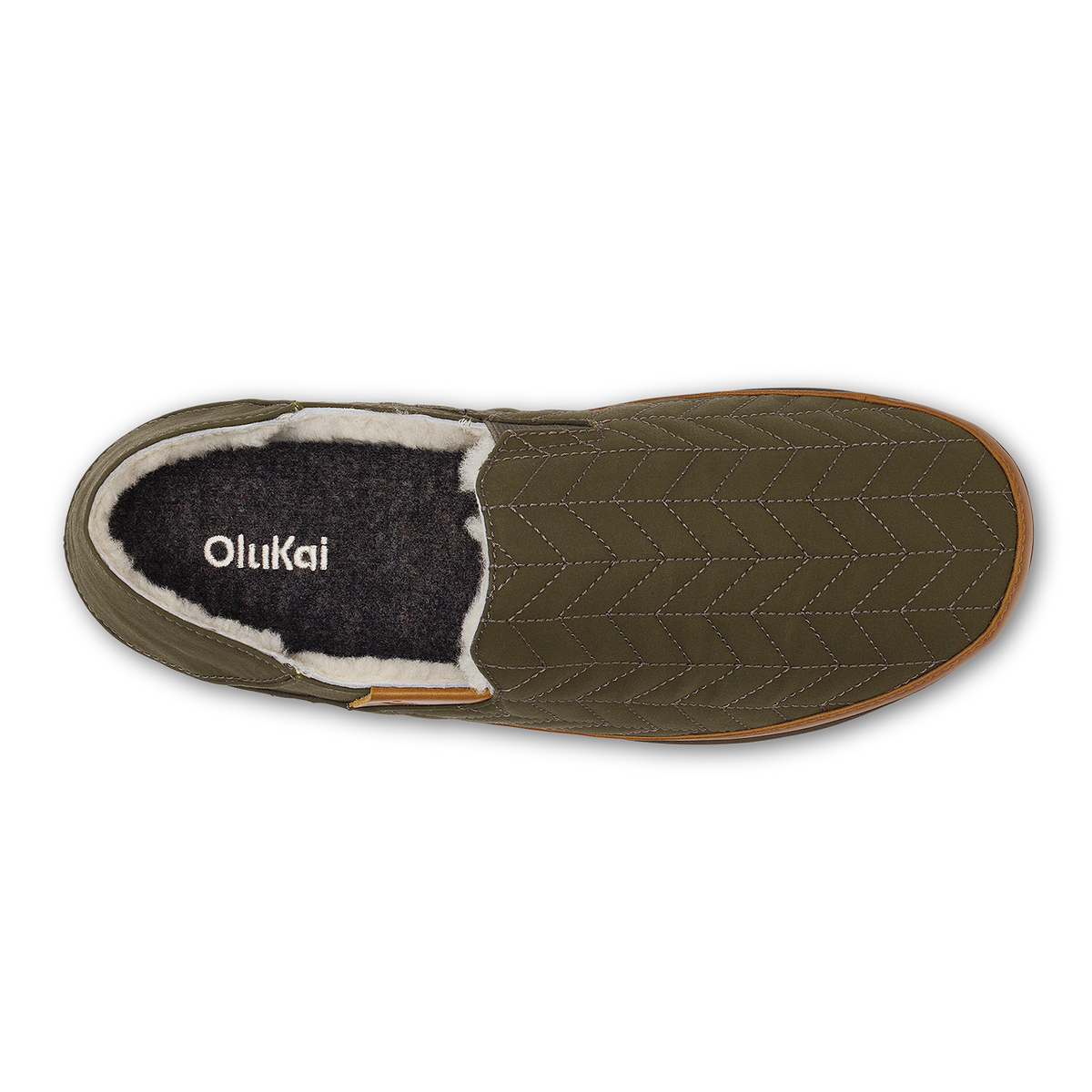 Olive green slip-on slipper with quilted upper, fleece-lined interior, and tan sole, shown from above.