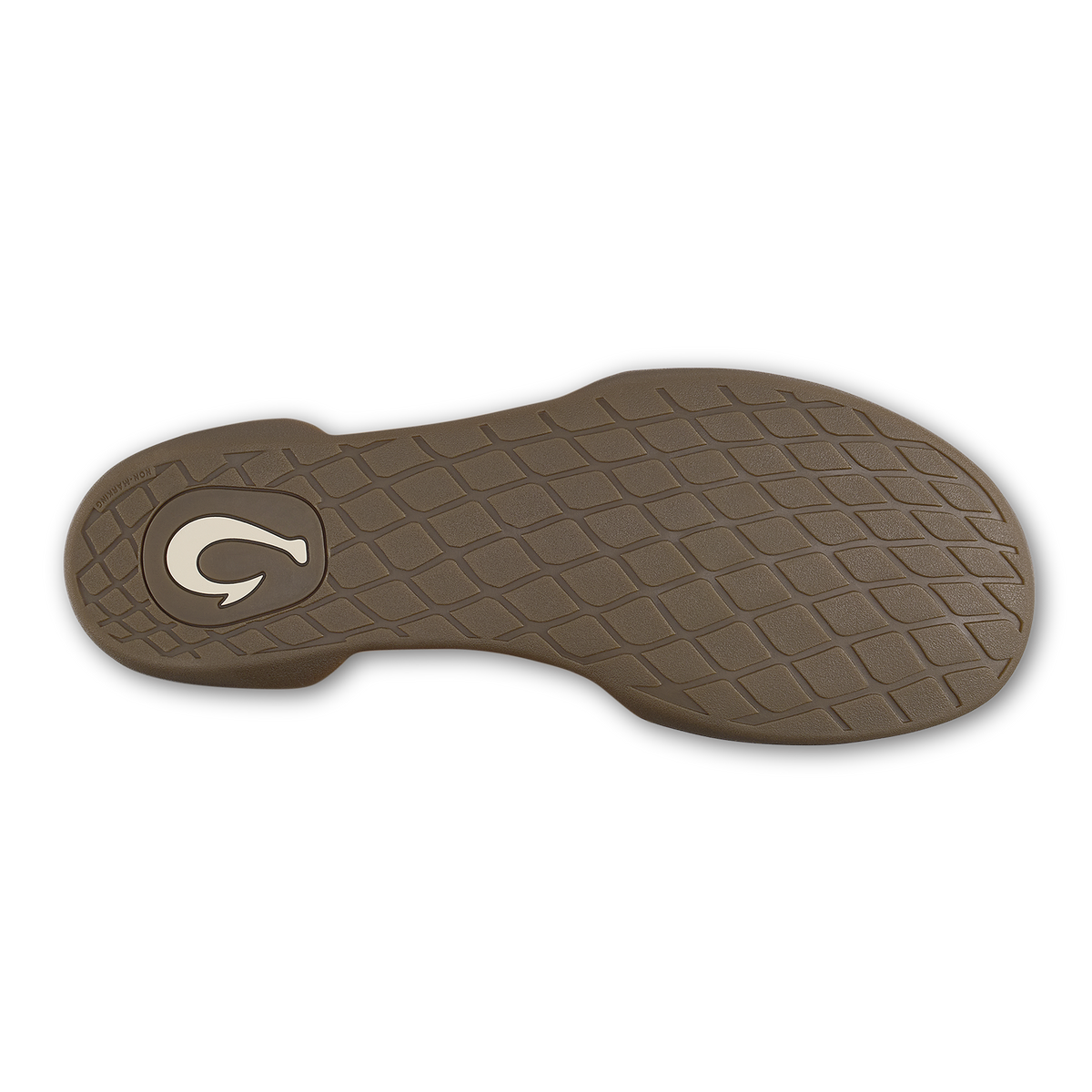 Brown shoe sole with quilted tread pattern and white curved logo detail.