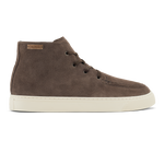 Dark brown suede chukka boot with cream rubber sole and four lace eyelets.
