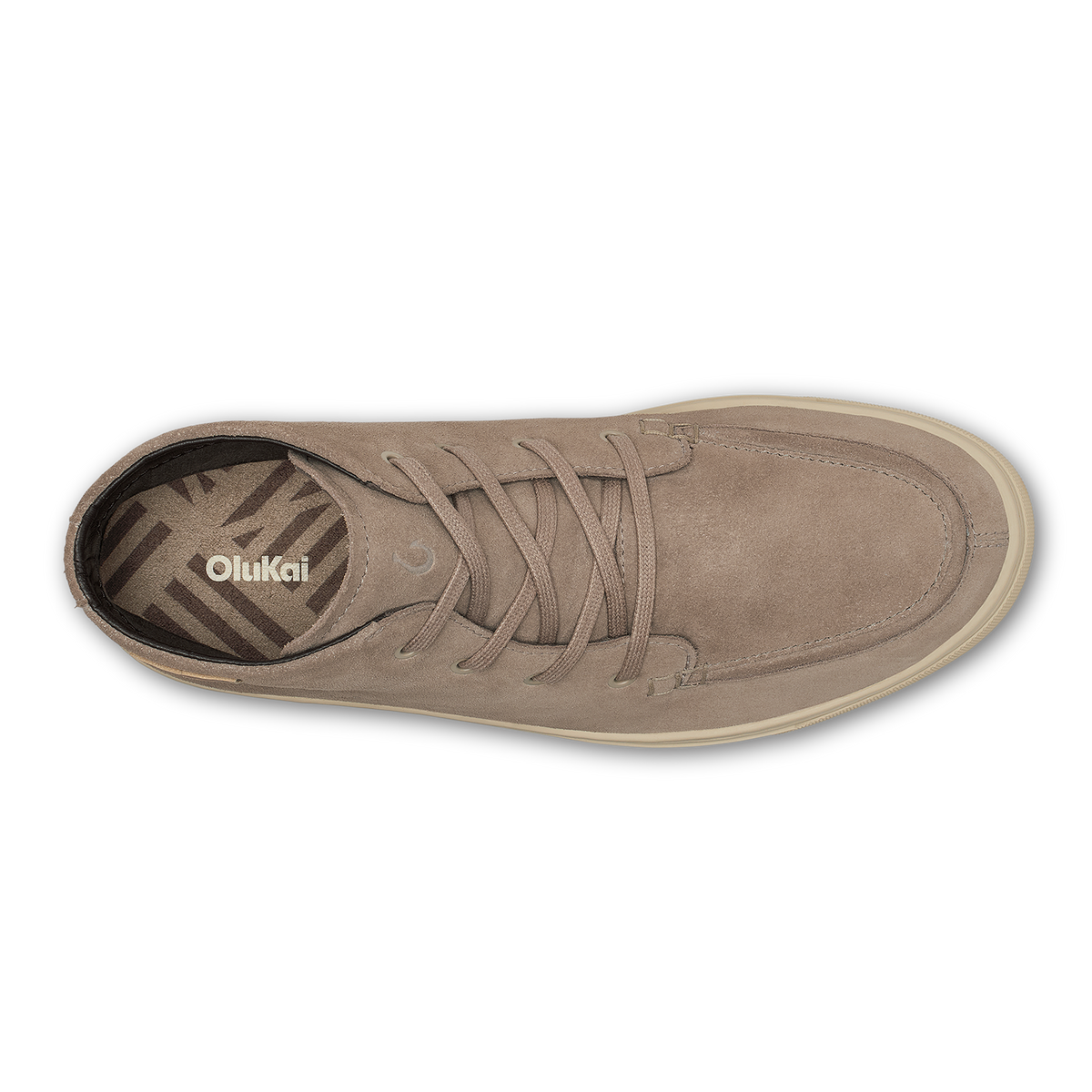 Taupe grey suede chukka boot with tan sole and lace-up closure, shown from above.