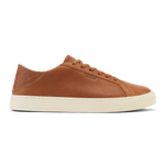 Brown leather lace-up sneaker with cream rubber sole and geometric patterned heel panel.