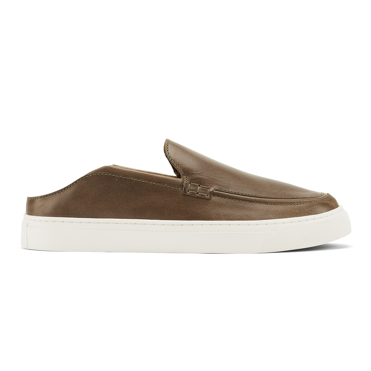 Walnut slip-on loafer with white rubber sole and stitched moc toe detail.