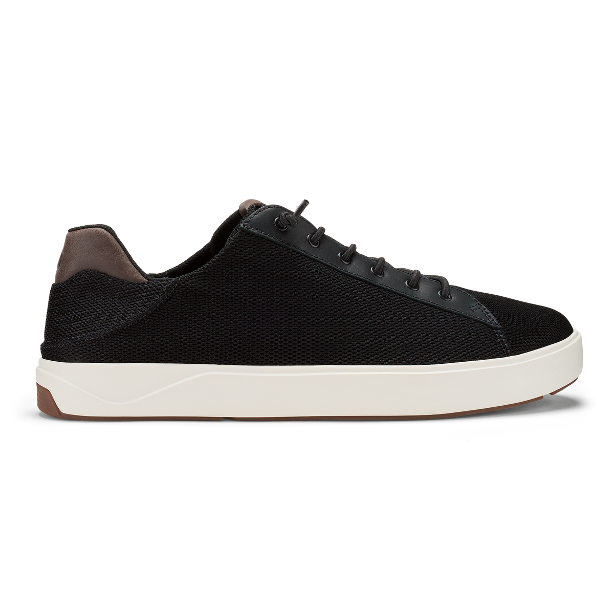 Black mesh lace-up sneaker with white sole and brown heel counter, shown in profile view.