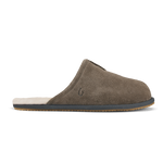 Walnut suede clog slipper with dark shadow trim, cream fleece lining, and textured rubber sole.