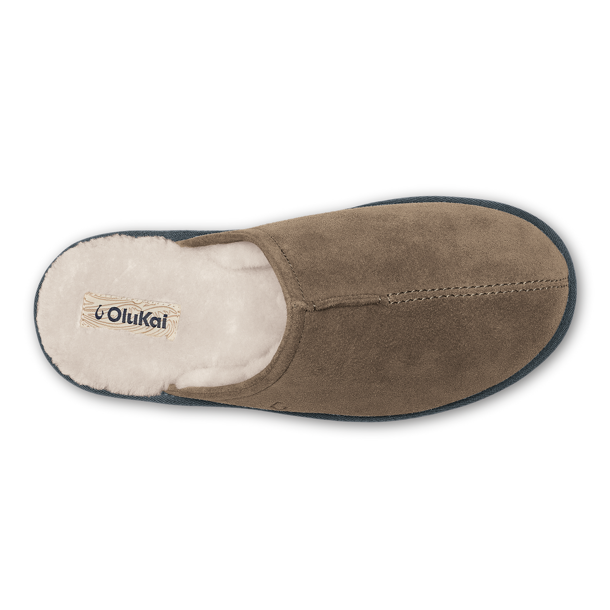 Walnut suede slip-on slipper with dark shadow sole and cream fleece lining, shown from top view.