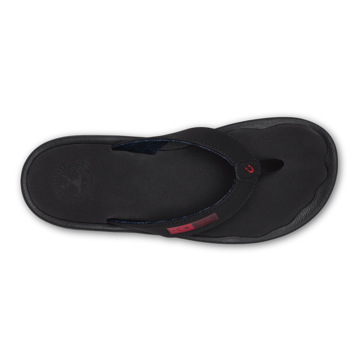 Black flip-flop thong sandal with textured sole and red accent strap detail, viewed from above.