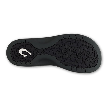 Black shoe sole with decorative spiral pattern and white logo in center.