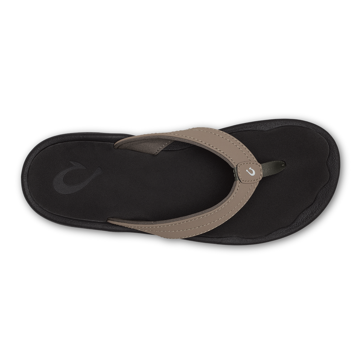 Flip-flop sandal with warm taupe fabric strap and black sole, viewed from above.