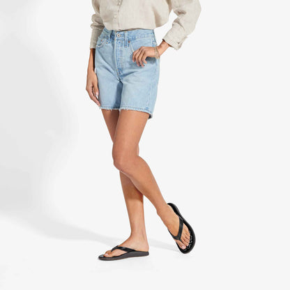 Light blue denim shorts with raw hem, paired with black flip-flops and beige long-sleeve shirt.