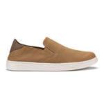Tan leather slip-on shoe with white sole and brown heel detail.