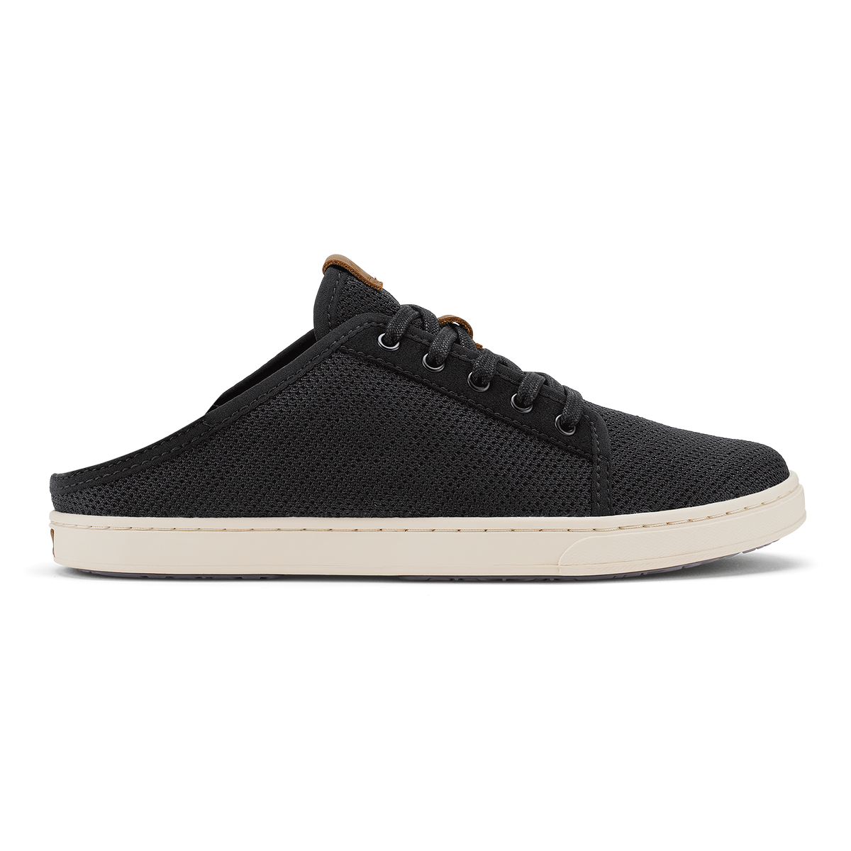 Black knit slip-on shoe with tan lining and cream sole, featuring lace-up front detail.