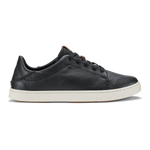 Black leather lace-up sneaker with cream rubber sole, shown in profile view.