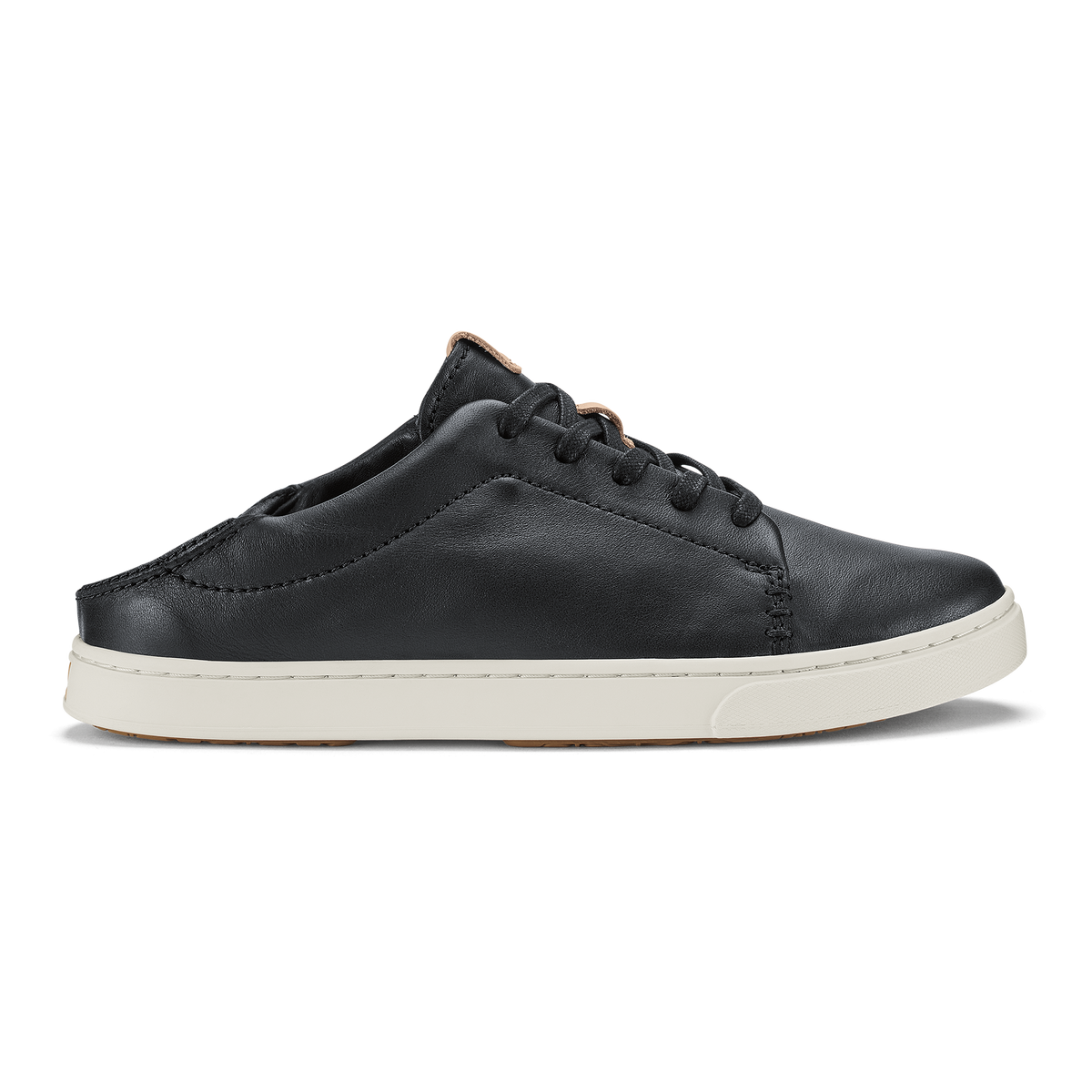 Black leather slip-on shoe with cream-colored sole and lace-up front detail.