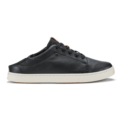Black leather slip-on shoe with cream-colored sole and lace-up front detail.