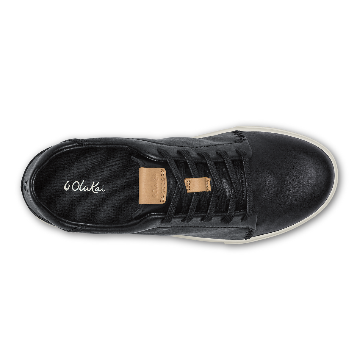 Black leather high-top sneaker with tan lace tabs and white sole, viewed from above.