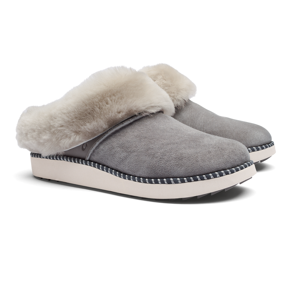 Grey suede clog slippers with cream fur collar and cream platform sole.