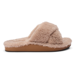Tan fuzzy slippers with a knotted bow detail on the upper and brown sole, shown in profile view.