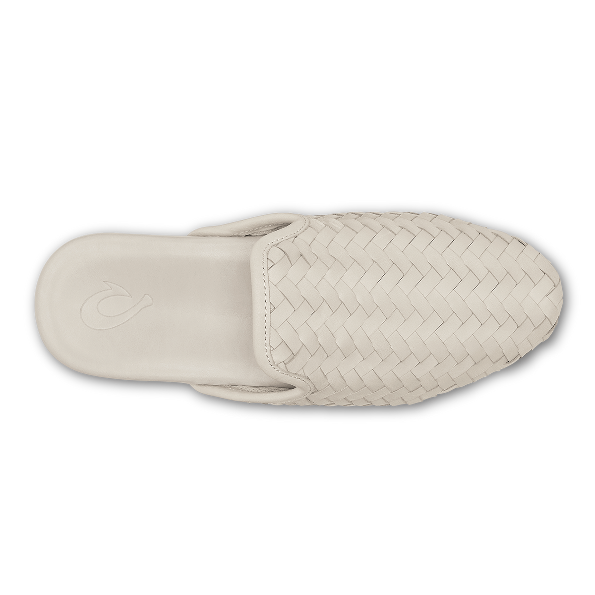 Cream-colored woven slip-on slipper with textured basketweave upper and smooth sole, shown from above.
