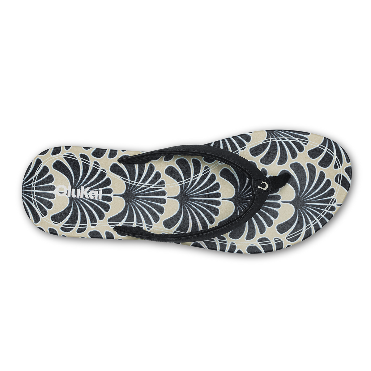 Black and cream flip-flop with geometric fan pattern design and black toe strap.
