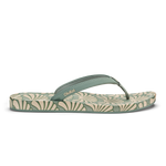 Silver and cream flip-flop with patterned footbed and solid thong strap, branded "OhiKai" on strap.